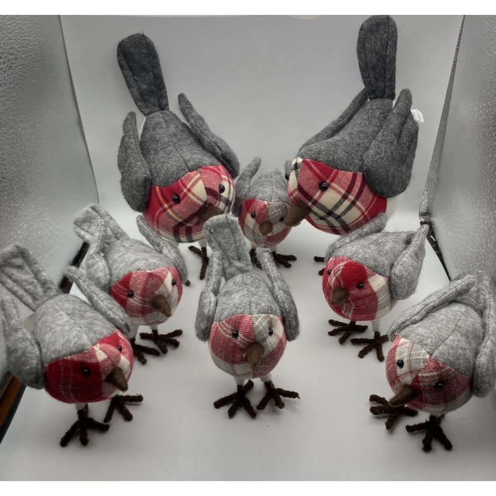 Lot Of 8 Christmas Fabric Bird Figurines Holiday Decor Red Plaid